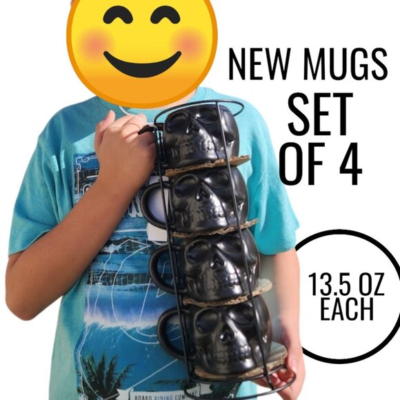 NEW Skull Mug Set of 4 Stackable Mugs Dia De Los Muertos Skulls Halloween Stonew - Picture 1 of 16